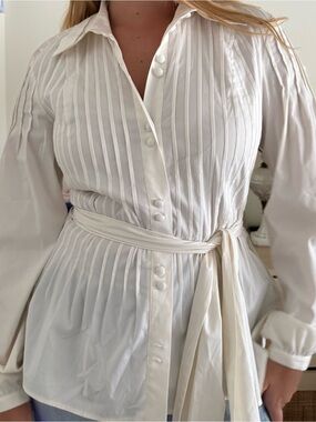 inc white pleated blouse with tie waist